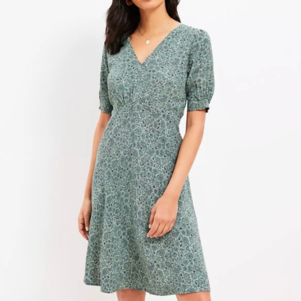LOFT Green Puff Sleeve Midi Dress V-Neck A-Line